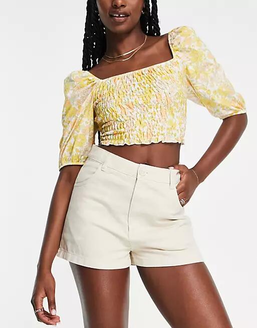 Monki high waist denim shorts in stone-Neutral Cover