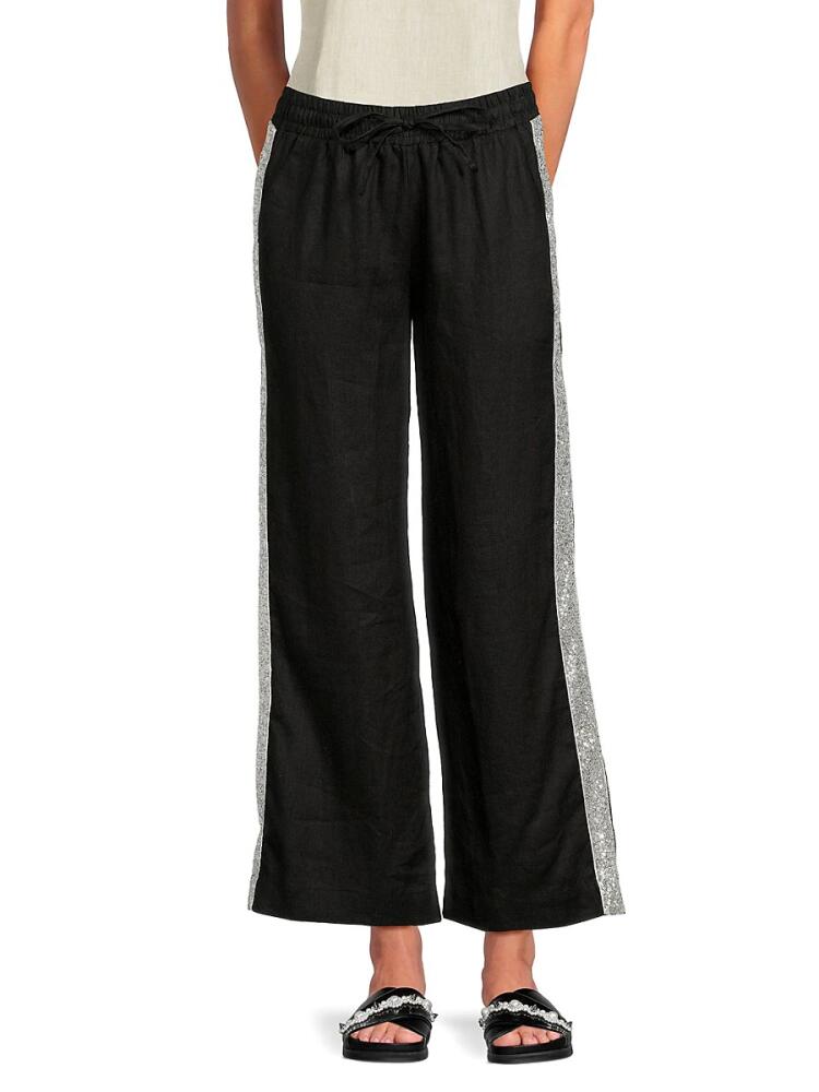 Saks Fifth Avenue Women's Sequin Trim 100% Linen Pants - Black Cover