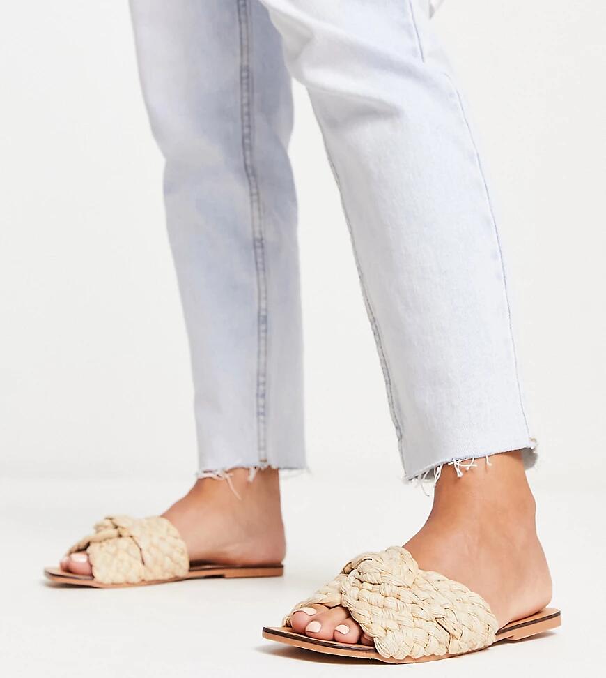 ASOS DESIGN Wide Fit Flossie woven flat sandal in natural-Neutral Cover