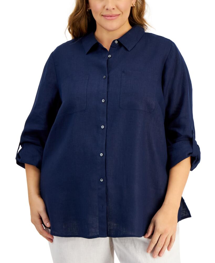 Charter Club Plus Size 100% Linen Roll-Tab Shirt, Created for Macy's - Intrepid Blue Cover