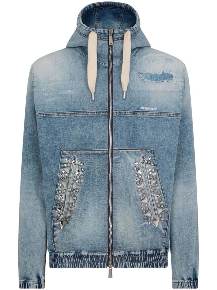 DSQUARED2 crystal-embellished hooded denim bomber jacket - Blue Cover