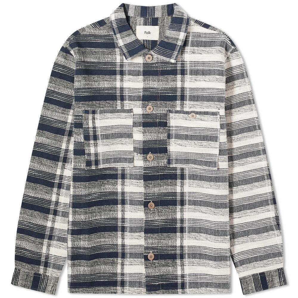 Folk Men's Patch Overshirt in Navy Basket Weave Check Cover