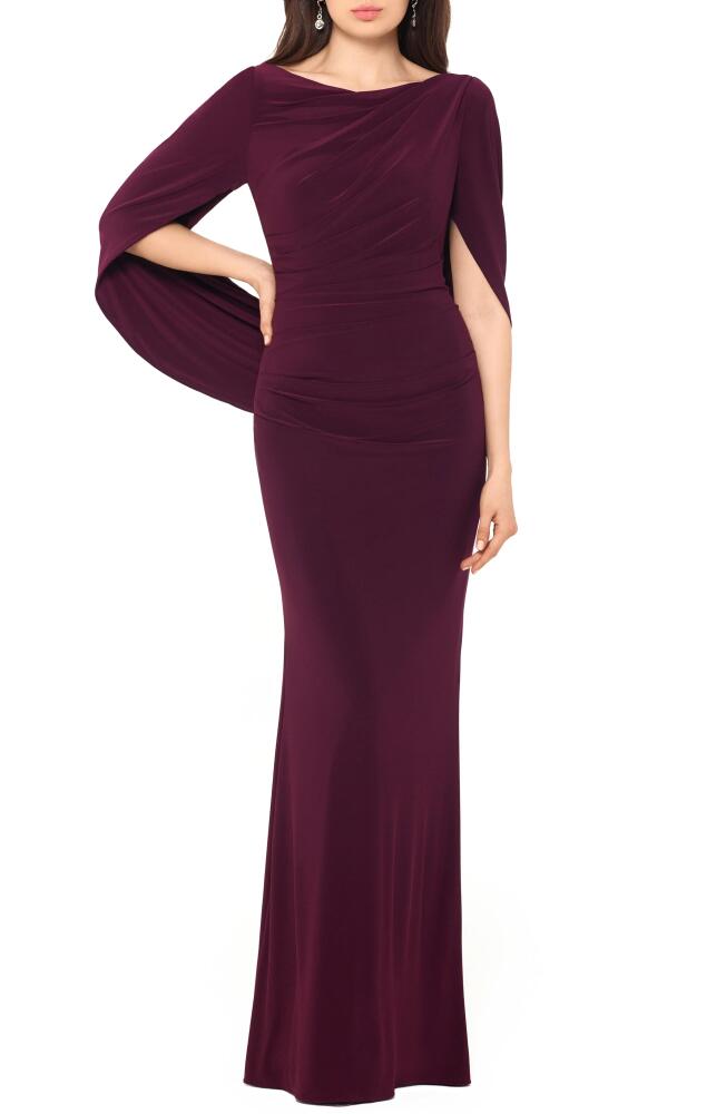 Betsy & Adam Cape Long Sleeve Trumpet Gown in Wine Cover