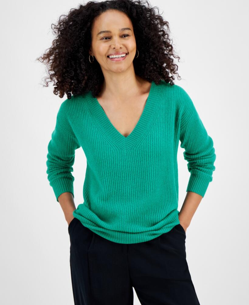 Charter Club Women's 100% Cashmere Ribbed V-Neck Sweater, Regular & Petites, Created for Macy's - Peacock Green Cover