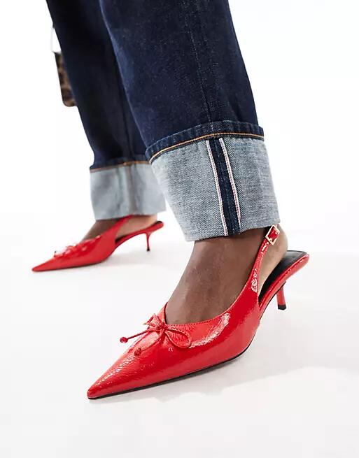 ASOS DESIGN Sriracha bow slingback mid heeled shoes in red Cover