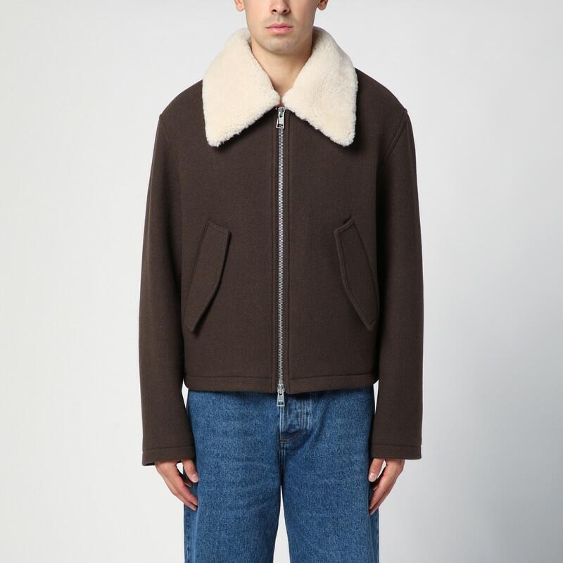 Ami Paris Dark Coffe wool bomber jacket with shearling collar Cover