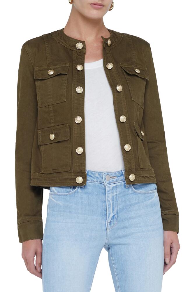 L'AGENCE Yari Collarless Denim Jacket in Olive Grove Cover