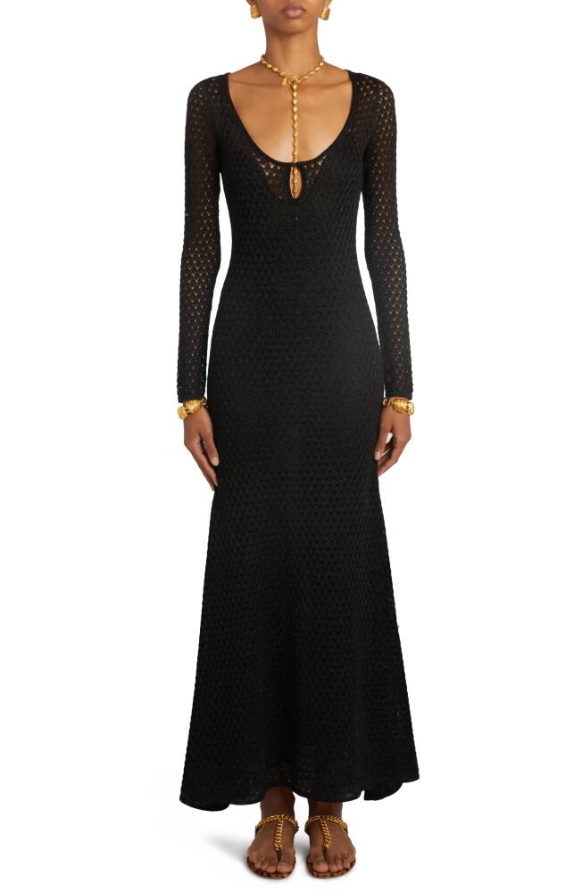 TOM FORD Metallic Openwork Long Sleeve Sweater Dress in Black Cover