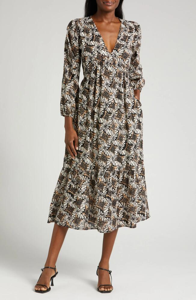 XÍRENA Ella Print Long Sleeve Midi Dress in Tobacco Petal Cover