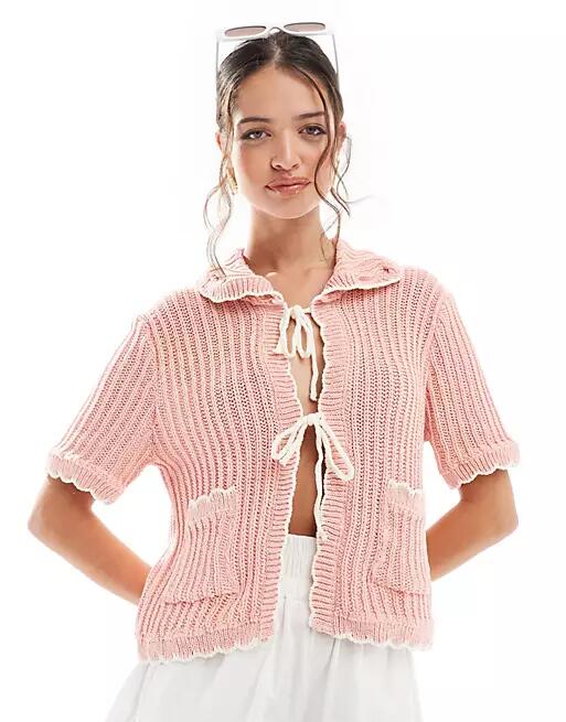 ASOS DESIGN scalloped edge collared cardigan with ties in pink-Multi Cover