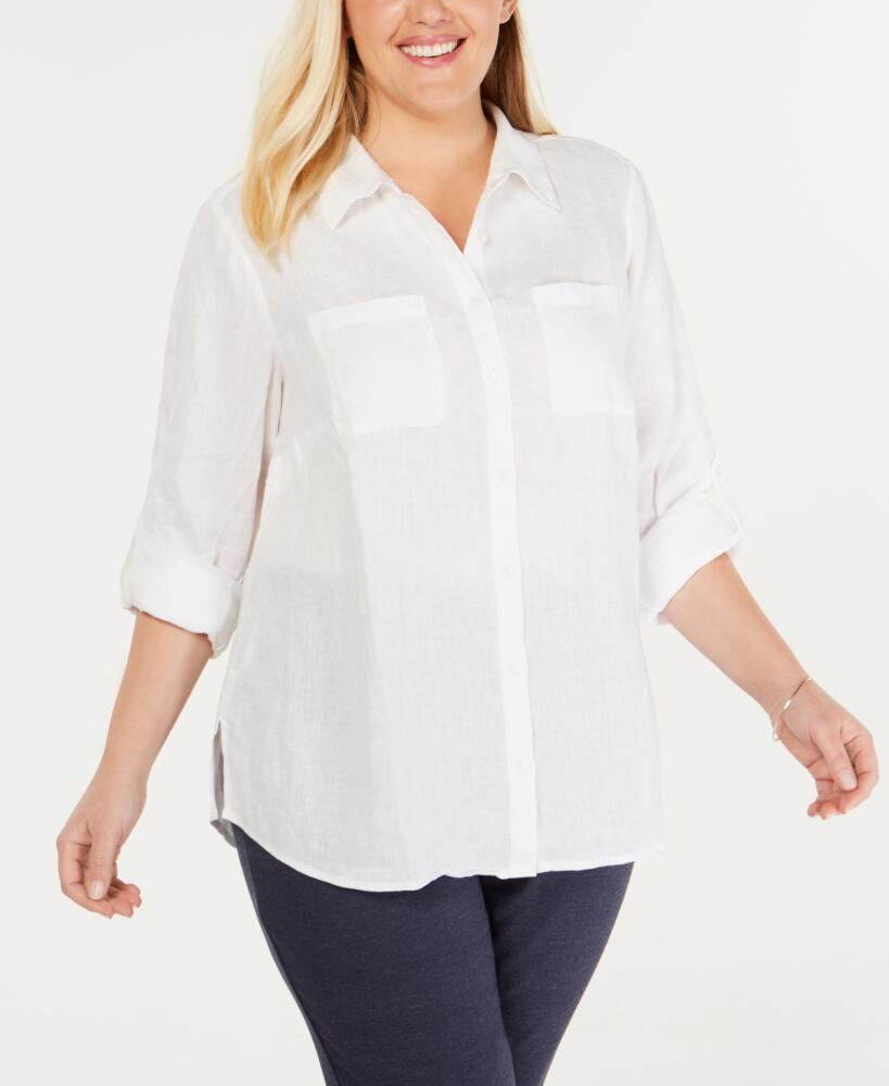 Charter Club Plus Size 100% Linen Roll-Tab Shirt, Created for Macy's - Bright White Cover