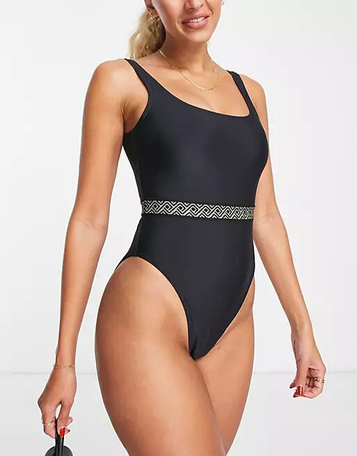 New Look scoop neck swimsuit with monogram waist belt in black-Brown Cover