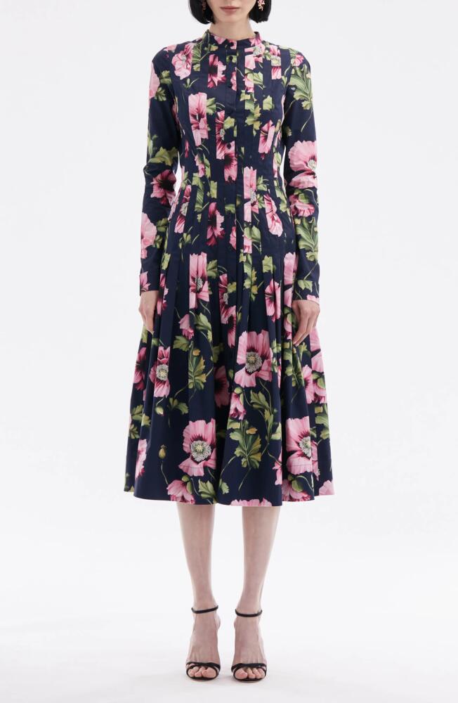 Oscar de la Renta Paneled Poppy Print Long Sleeve Midi Shirtdress in Navy/Pink Cover