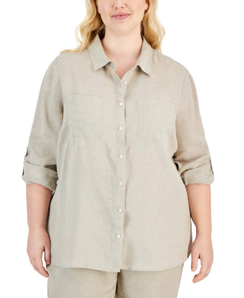 Charter Club Plus Size 100% Linen Roll-Tab Shirt, Created for Macy's - Flax Cover