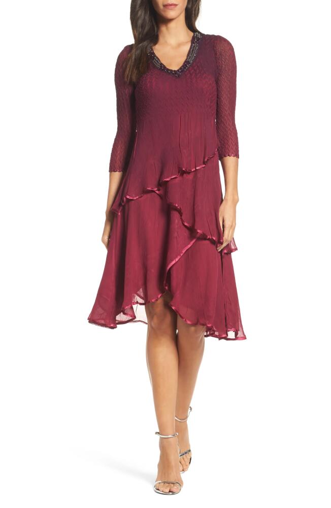 Komarov Tiered Ombré Charmeuse & Chiffon Dress in Red Plum Blue Ombre Cover