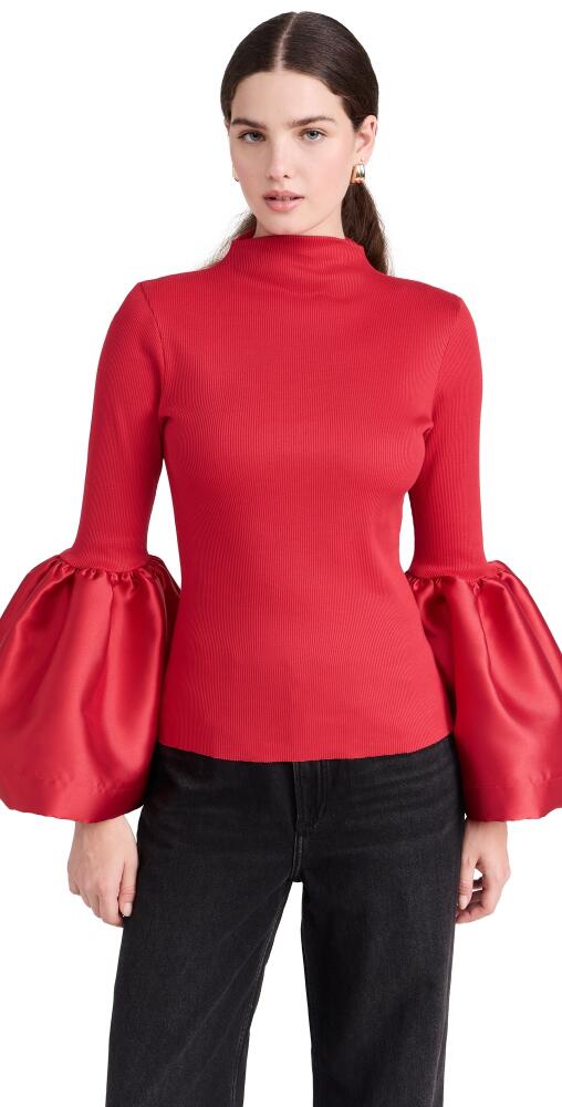 Marques Almeida Heavy Satin and Rib Jersey High Neck Long Sleeve Top with Puff Sleeves Red Cover