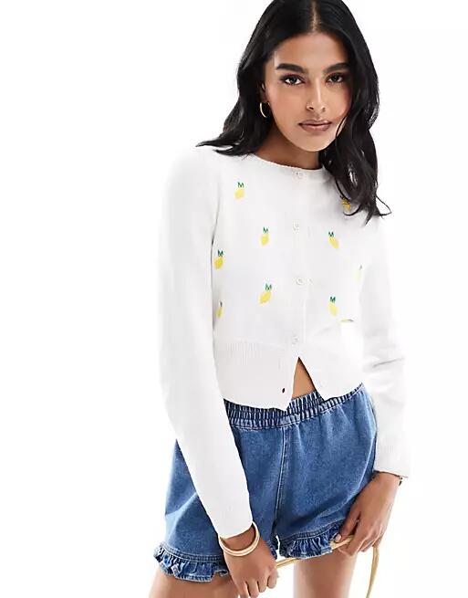 ASOS DESIGN neat fit cardigan with lemon embroidery in ivory-White Cover