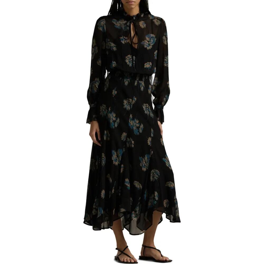 Polo Ralph Lauren Floral Long Sleeve Tie Neck Midi Dress in Midnight Gardenia Cover