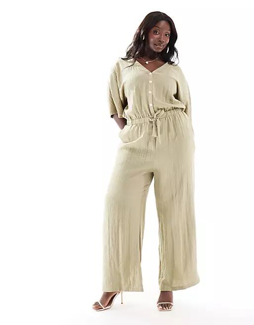 Pretty Lavish Curve balloon sleeve shirred jumpsuit in olive-Green Cover