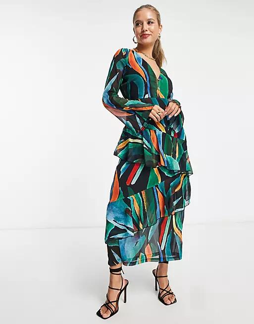 Never Fully Dressed ruffle midaxi dress in abstract print-Multi Cover