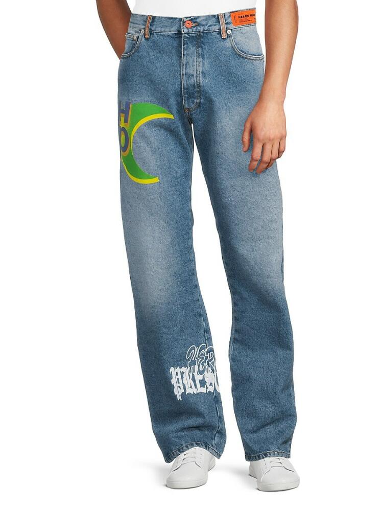 Heron Preston Men's Logo Faded Wide Leg Jeans - Blue Cover