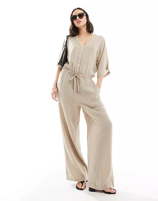 Pretty Lavish balloon sleeve shirred jumpsuit in stone-Neutral Cover