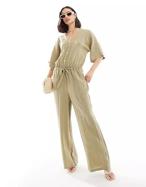 Pretty Lavish balloon sleeve shirred jumpsuit in olive-Green Cover