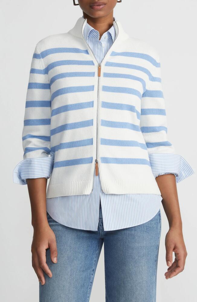 Lafayette 148 New York Stripe Cotton & Silk Zip Cardigan in Deep Blue Oasis Multi Cover