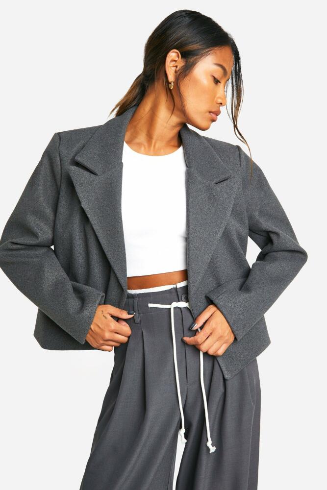 boohoo Womens Wool Look Shoulder Pad Cropped Blazer - Grey Cover