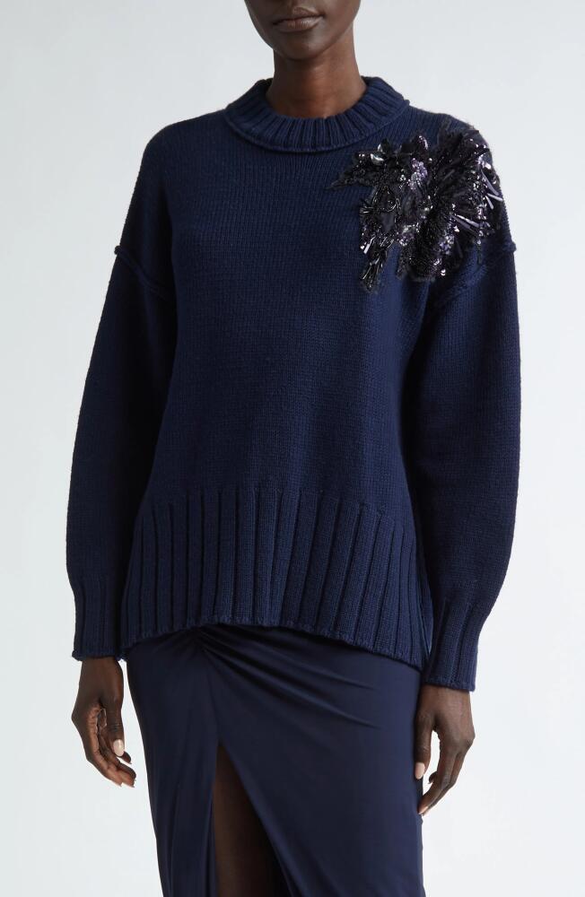 Jason Wu Collection Sequin & Bead Detail Merino Wool Crewneck Sweater in Navy Cover