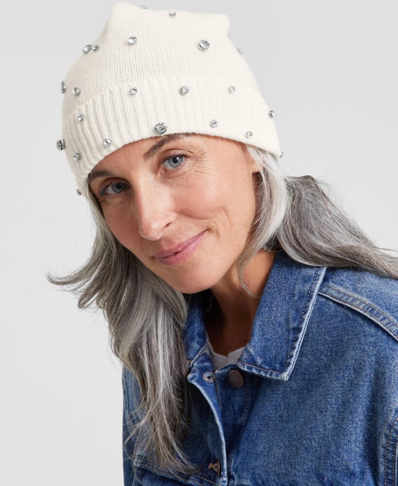 Charter Club Cashmere Embellished Cuffed Beanie, Created for Macy's - Vanilla Ice Cover