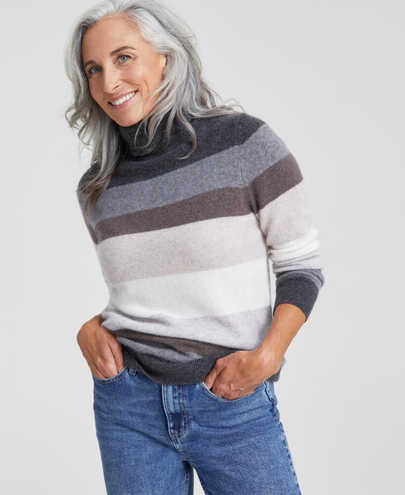 Charter Club Women's Striped 100% Cashmere Turtleneck Sweater, Created for Macy's - Black Ice Heather Combo Cover