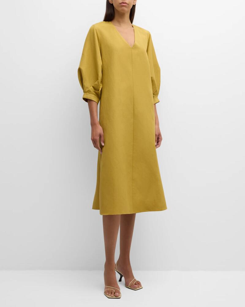 Lafayette 148 New York Blouson-Sleeve Silk-Linen Midi Dress Cover