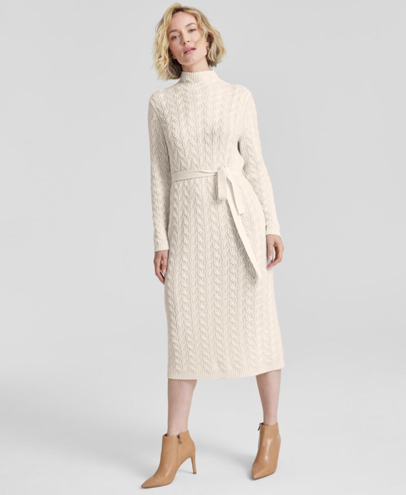 Charter Club Women's Cashmere Cable-Knit Mock Neck Midi Dress, Created for Macy's - Vanilla Ice Cover