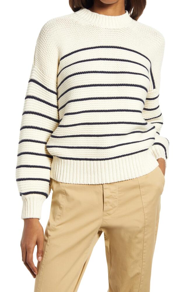 Alex Mill Women's Stripe Button Back Cotton Crewneck Sweater in Ivory/Dark Navy Cover