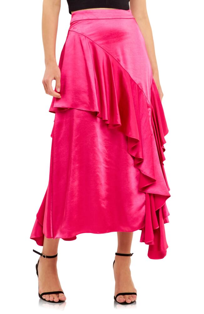 Endless Rose Waterfall Ruffle Satin Maxi Skirt in Fuchsia Cover