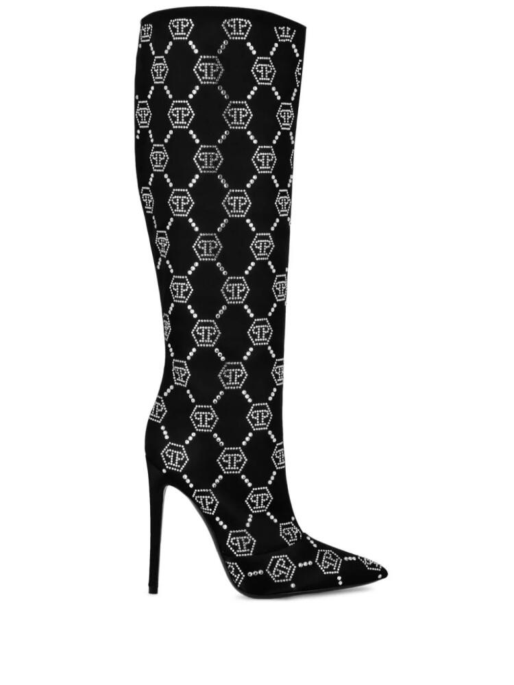 Philipp Plein 120mm monogram-pattern satin boots - Black Cover