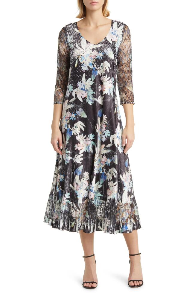 Komarov Floral Three-Quarter Sleeve Charmeuse & Lace Dress in Onyx Burst Cover