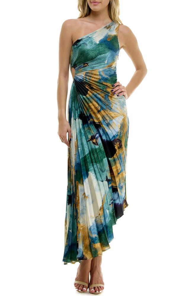 Socialite Print Asymmetric Hem Pleated Maxi Dress in Teal- Bronze Print Cover