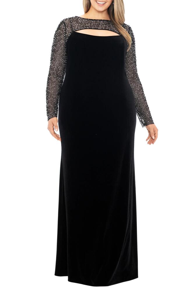 Betsy & Adam Faraj Embellished Cutout Long Sleeve Velvet Gown in Black/Silver Cover