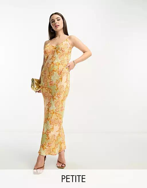 Never Fully Dressed Petite satin slip maxi dress in lavish gold floral Cover