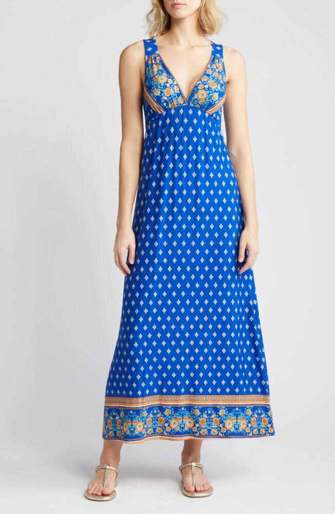 Loveappella Border Print Sleeveless Jersey Maxi Dress in Royal Cover