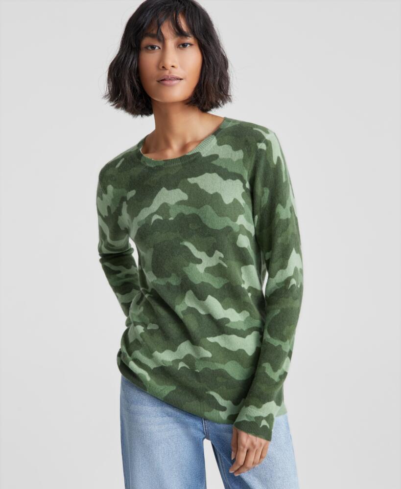 Charter Club Women's 100% Cashmere Camo-Print Crewneck Sweater, Created for Macy's - Olive Combo Cover