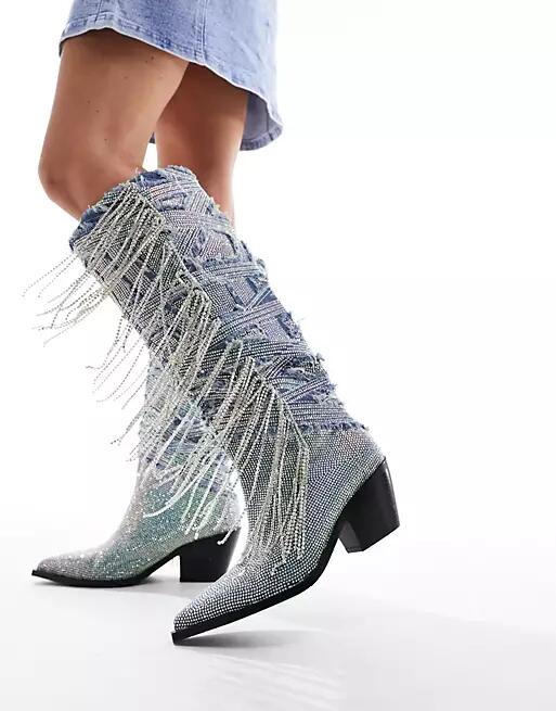 Azalea Wang Domingo western fringe embellished knee boots in denim-Blue Cover