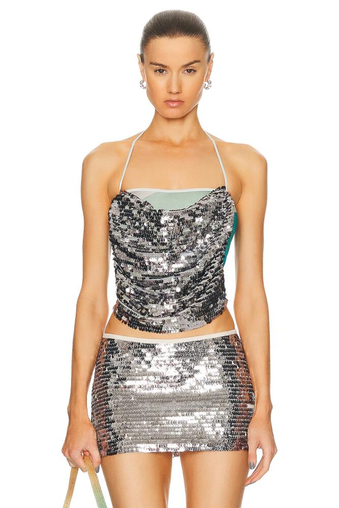 SIEDRES Nide Sequin Detailed Draped Top in Metallic Silver Cover