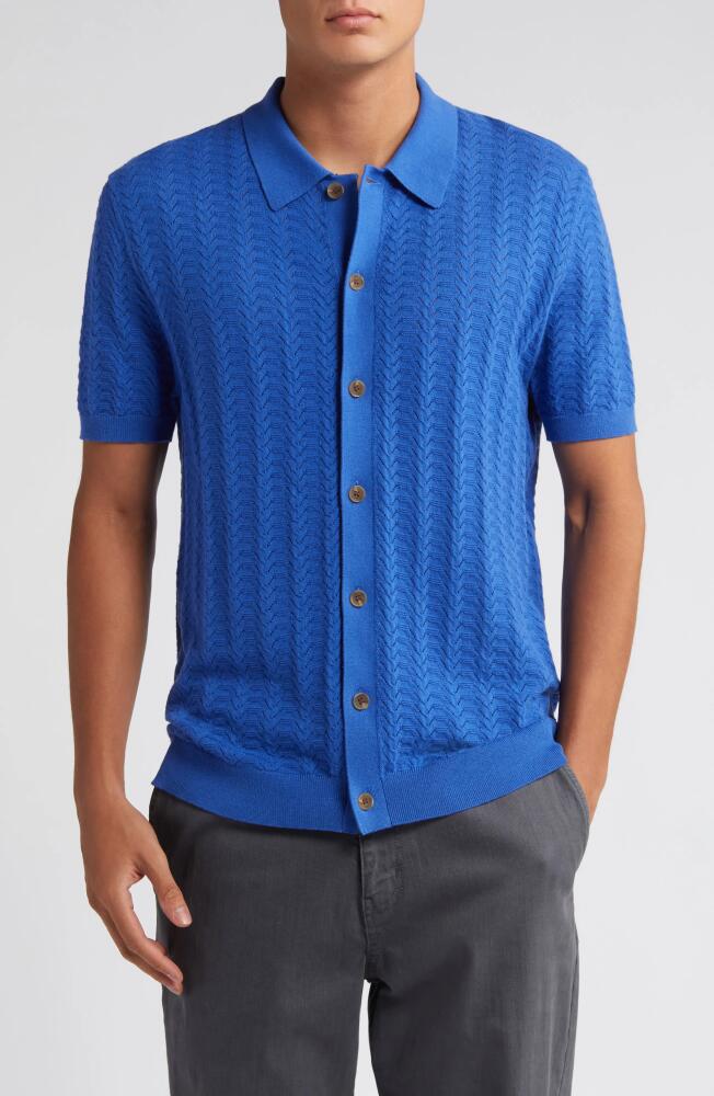 Wax London Tellaro Pointelle Short Sleeve Button-Up Sweater in Royal Blue Cover