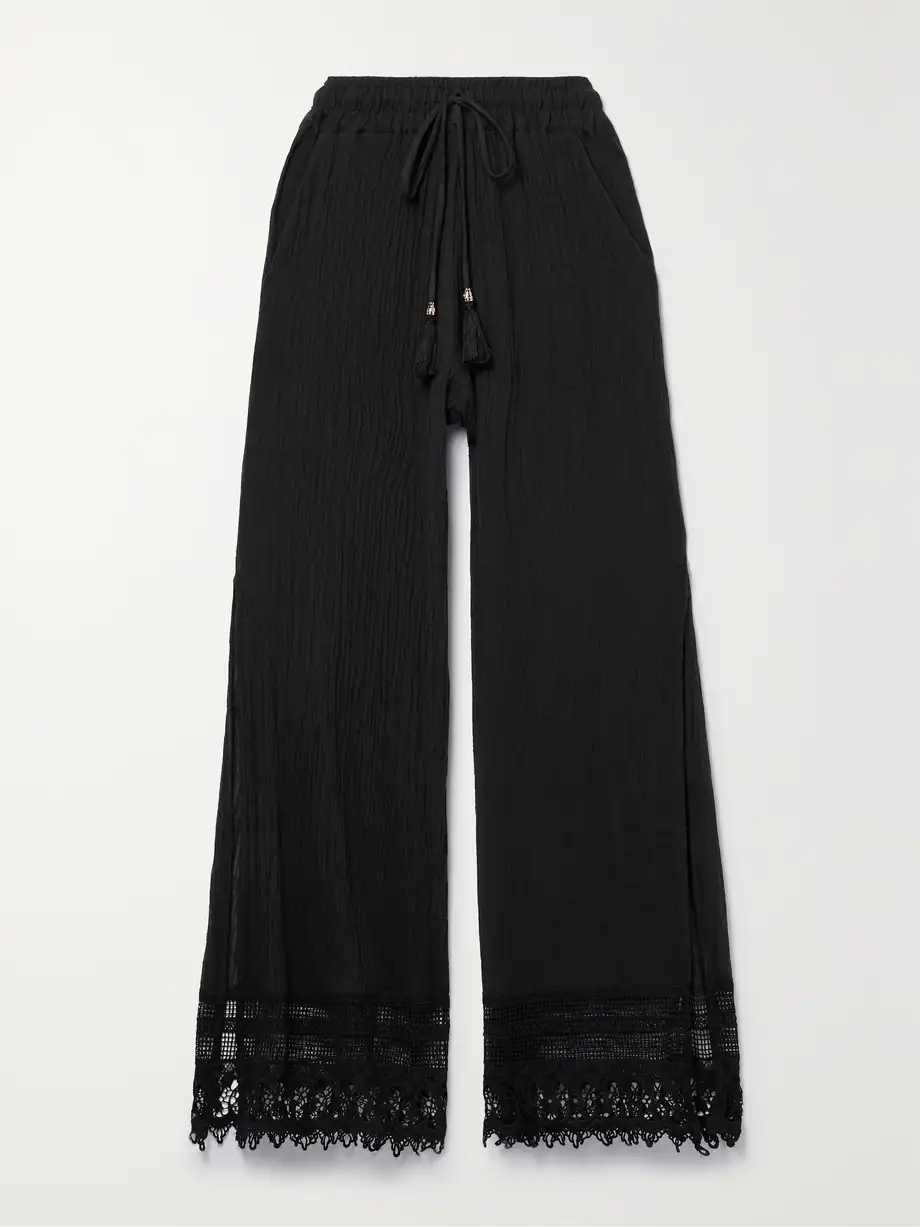 Miguelina - Orion Lace-trimmed Cotton-gauze Wide-leg Pants - Black Cover