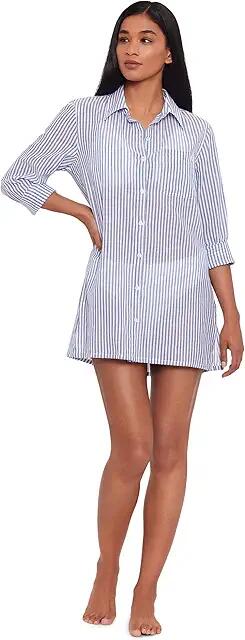 LAUREN Ralph Lauren Stripe Camp Shirt Top (Blue/White) Women's Swimwear Cover