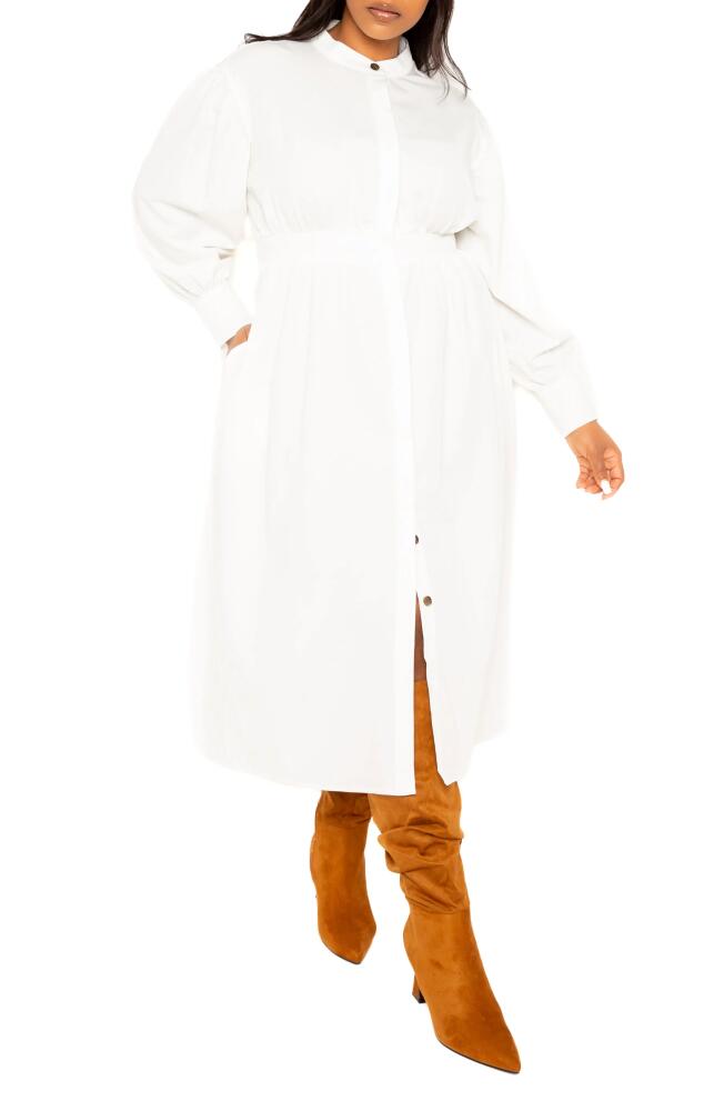 BUXOM COUTURE Back Waist Cutout Long Sleeve Midi Shirtdress in White Cover