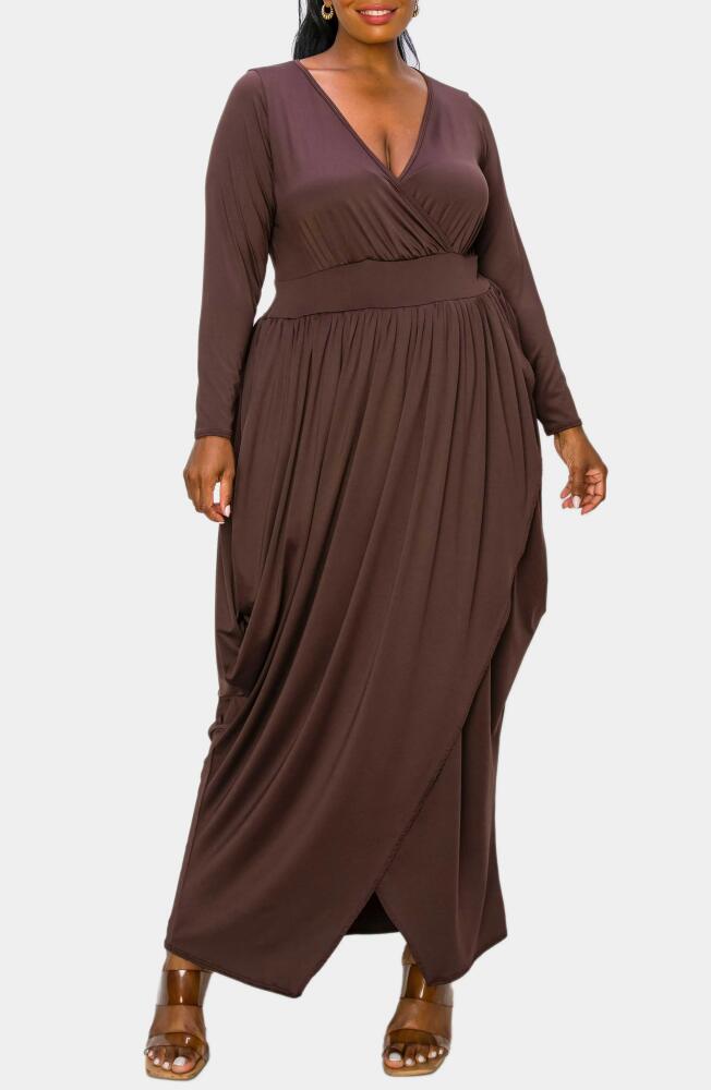 L I V D Giuliana Long Sleeve Tulip Hem Faux Wrap Maxi Dress in Brown Cover